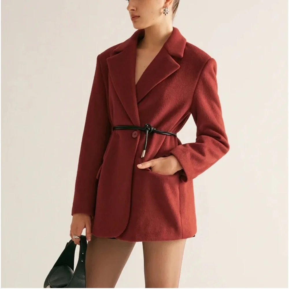 Wool blend premium quality red oversized drawstring tie belt blazer jacket - Picture 9 of 9